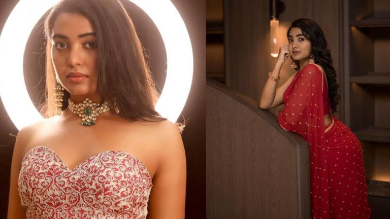 Pics: Shivathmika Rajashekar curvy standing looks in red saree