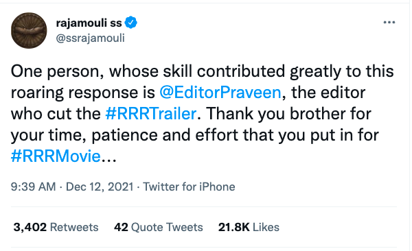 Rajamouli thanks RRR trailer editor